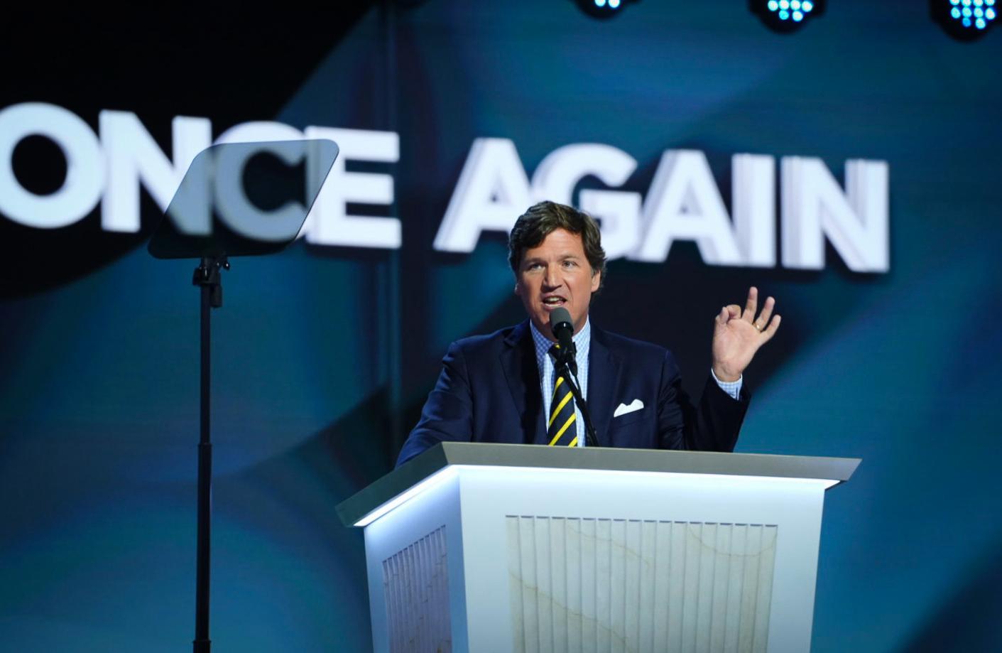 Tucker Carlson, founder of Tucker Carlson Network, speaks on the last day of the RNC in Milwaukee, Wis., on July 18, 2024. (Madalina Vasiliu/The Epoch Times)