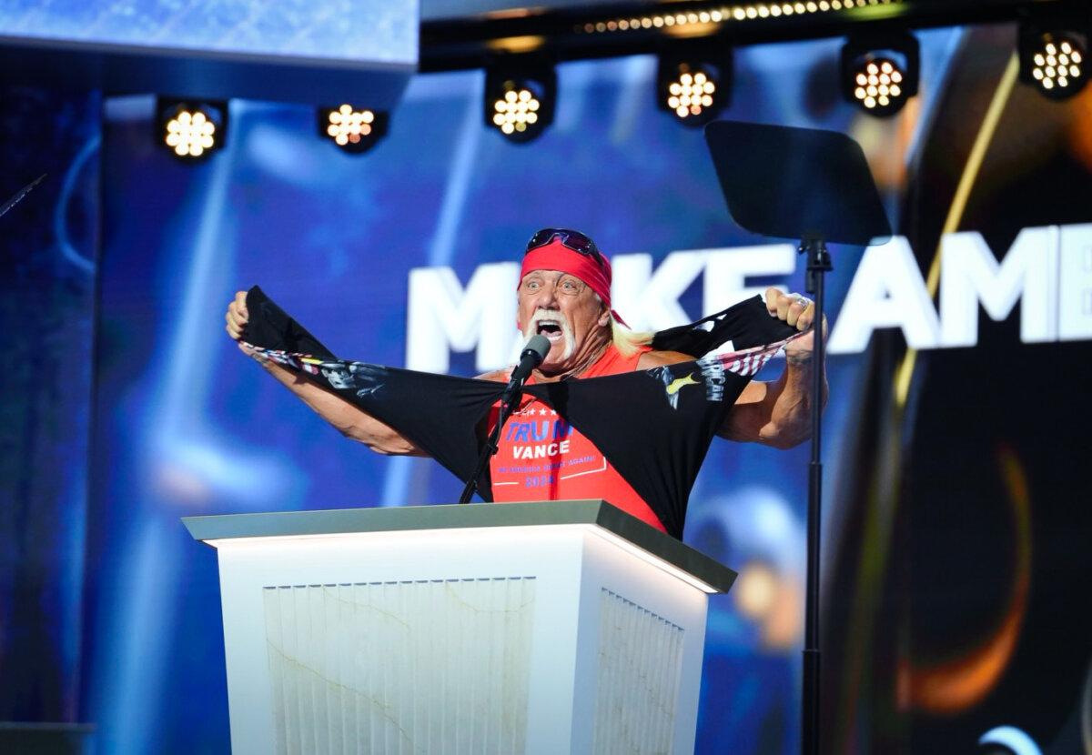 Hulk Hogan speaks on the last day of the RNC in Milwaukee, Wis., on July 18, 2024. (Madalina Vasiliu/The Epoch Times)