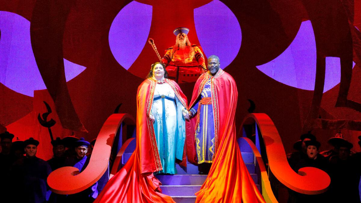 Angela Meade as Turandot, Russell Thomas as Calaf, and Ashley Faatoalia (center rear) as Emperor Altoum in LA Opera's 2024 production of "Turandot." (Cory Weaver/LA Opera)