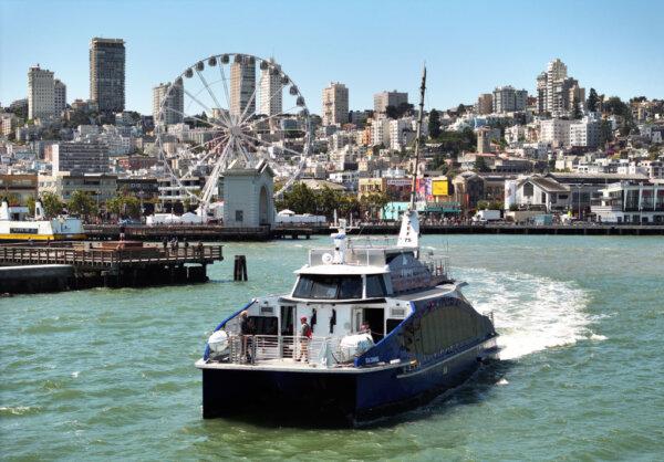 In an aerial view, the San Francisco Bay Ferry MV Sea Change, the world's first zero-emission hydrogen-powered commercial passenger ferry, navigates the San Francisco Bay in San Francisco on July 19, 2024. (Justin Sullivan/Getty Images)