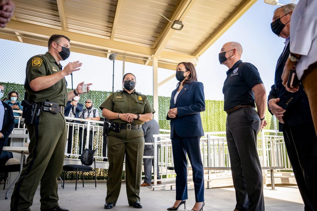 Vice President Kamala Harris and other government officials visit a U.S. Customs and Border Protection Central Processing Center in El Paso, Texas, on June 25, 2021.