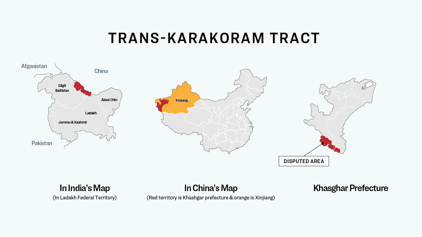 The Trans-Karakoram Tract, also called the Shaksgam Valley, is claimed by both India and China. The graphics show the territory as it appears on both Indian and Chinese maps. On the Chinese map, the Trans-Karakoram Tract is part of Khasghar Prefecture (see enlargement on right). (Illustration by The Epoch Times / Shutterstock)