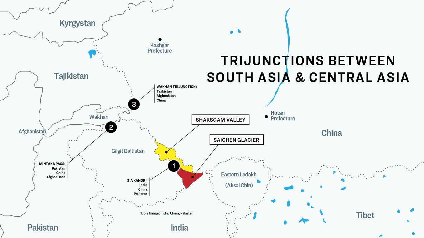 This graphic shows the connecting corridor between South Asia and Central Asia vis-a-vis (1) the disputed territory of Shaksgam Valley and (2) the Siachin Glacier. Sometimes called "the highest battleground on earth," the Siachin Glacier has been the site of intermittent conflict between India and Pakistan since 1984. (Illustration by The Epoch Times / Shutterstock)