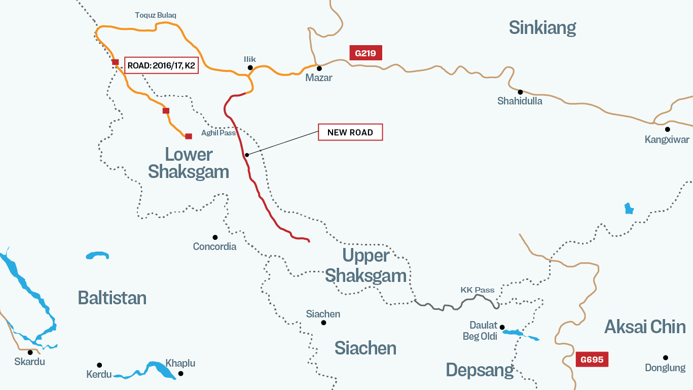 A new road built by China in the Shaksgam Valley branches out from G219 (that connects Xinjiang to Tibet) and disappears 50 miles north of India’s northernmost administered point, Indira Col, in Siachen Glacier. (Illustration by The Epoch Times / Shutterstock)