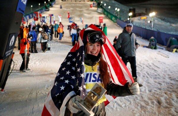 United States' Jaelin Kauf celebrates after winning the women's World Cup freestyle moguls event at Deer Valley resort, in Park City, Utah on Jan. 11, 2018. (Rick Bowmer/AP Photo)