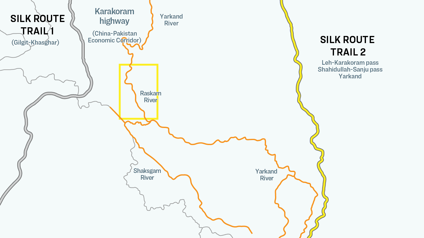 This map shows the location of the Karakoram Highway vis-a-vis the Raskam Valley and the Shaksgam Valley, and the location of the Trans-Karakoram Tract with respect to the trails of the ancient Silk Road. Trail 1, between Gilgit and Khasgha, roughly followed the ancient grand trunk road to the Indian subcontinent. Meanwhile, Trail 2 went from Leh to Yarkhand. From Leh through Himachal Pradesh, it went across the Himalayas and to other towns in India. China used Trail 1 to build the Karakoram Highway. (Illustration by The Epoch Times / Shutterstock)