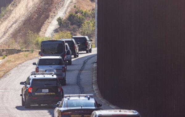 House Speaker Mike Johnson's convoy of vehicles at the border in San Ysidro, Calif., on July 25, 2024. (John Fredricks/The Epoch Times)