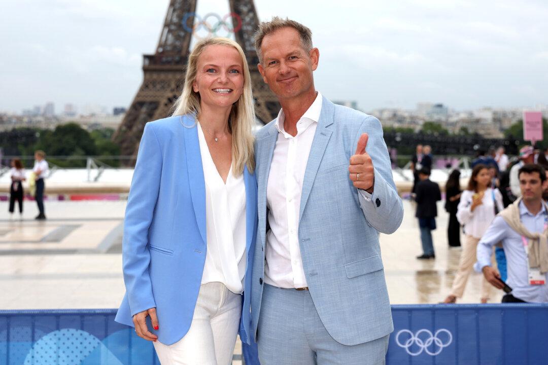 French ski championEdgar Grospiron and Nathalie Grospiron attend the red carpet ahead of the opening ceremony of the Olympic Games Paris 2024 in Paris on July 26, 2024. (Matthew Stockman/Getty Images)