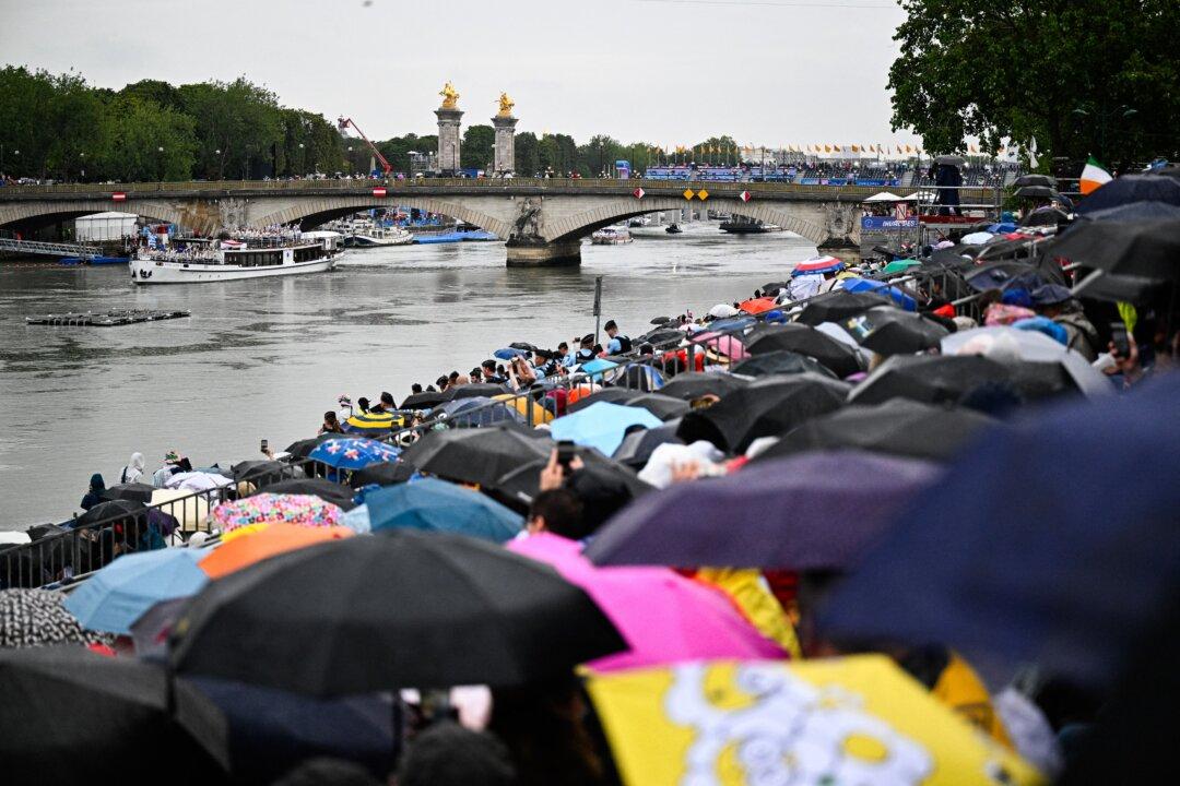 Team Greece on the boat during the opening ceremony of the Paris 2024 Olympic Games, on the Seine river in Paris, France, on July 26, 2024. (Jasper Belga Mag/AFP via Getty Images)