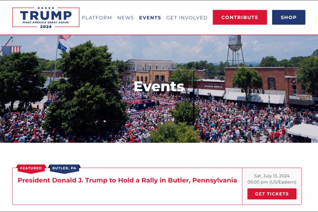 A screenshot of the rally event announcement on former President Donald Trump's campaign website. (Screenshot via The Epoch Times, donaldjtrump.com)