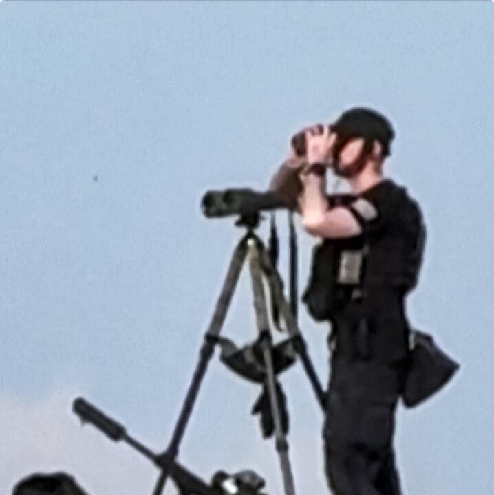 A still from a video shows a U.S. Secret Service sniper on duty at the rally. (Screenshot via The Epoch Times, Stephen Lasko/AP)