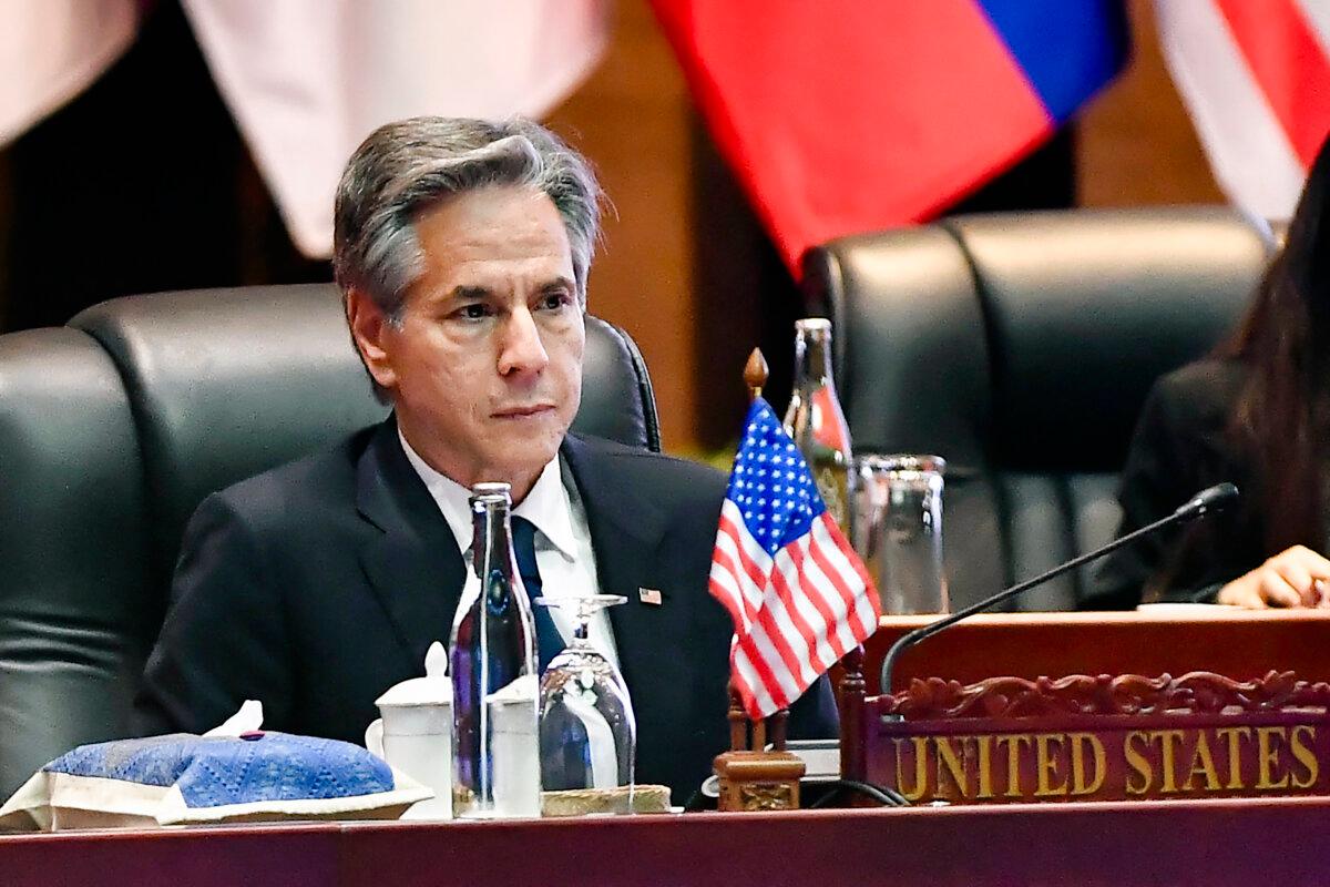 U.S. Secretary of State Antony Blinken attends the 31st ASEAN Regional Forum at the 57th Association of Southeast Asian Nations (ASEAN) Foreign Ministers' Meeting in Vientiane, Laos, on July 27, 2024. (Sai Aung Main/AFP via Getty Images)