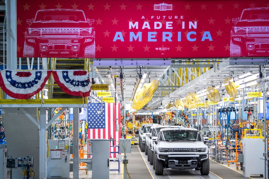 GMC Hummer EVs at a plant in Detroit on Nov. 17, 2021. Aluminum is needed in the production of electric vehicles. (Nic Antaya/Getty Images)