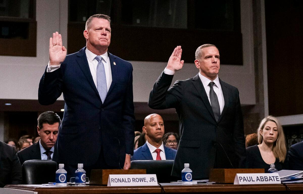 US Secret Service Acting Director Ronald Rowe, Jr. (L), and FBI Deputy Director Paul Abbate are sworn in before testifying during a US Senate Homeland Security and Governmental Affairs and Senate Judiciary joint committee-hearing on the security failures leading to the assassination attempt on former President Donald Trump, at the U.S. Capitol on July 30, 2024. (Roberto Schimdt/<br/>AFP via Getty Images)