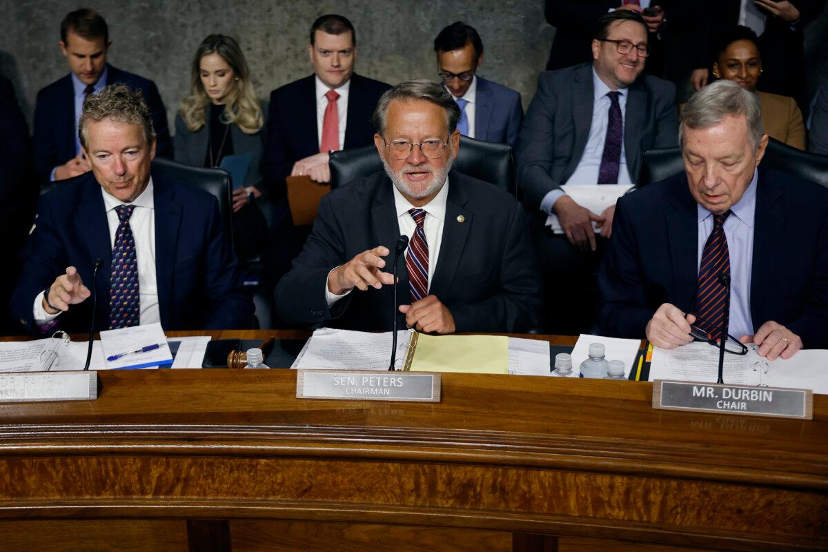 Senate Homeland Security and Government Affairs ranking member Sen. Rand Paul (R-Ky.), Homeland Security Committee Chairman Gary Peters (D-Mich.) and Senate Judiciary Committee Chairman Richard Durbin (D-Ill.) hold a joint hearing on Capitol Hill on July 30, 2024. (Chip Somodevilla/Getty Images)