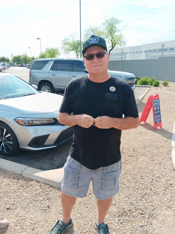 David Murphy, an independent voter, is photographed after casting his vote in the Arizona Republican Primary election on July 30, 2024. (Nathan Worcester/The Epoch Times)