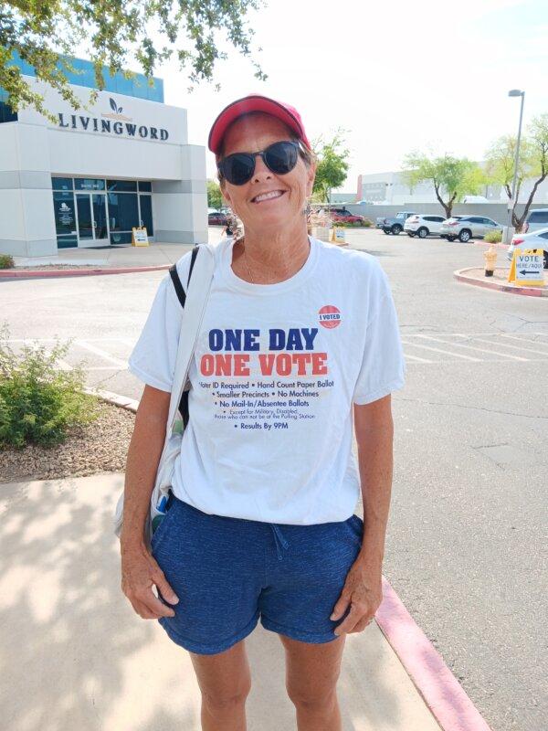 Lisa Barlow, a Republican, smiles after casting her ballot in the Arizona Republican primary election on July 30, 2024. (Nathan Worcester/The Epoch Times)