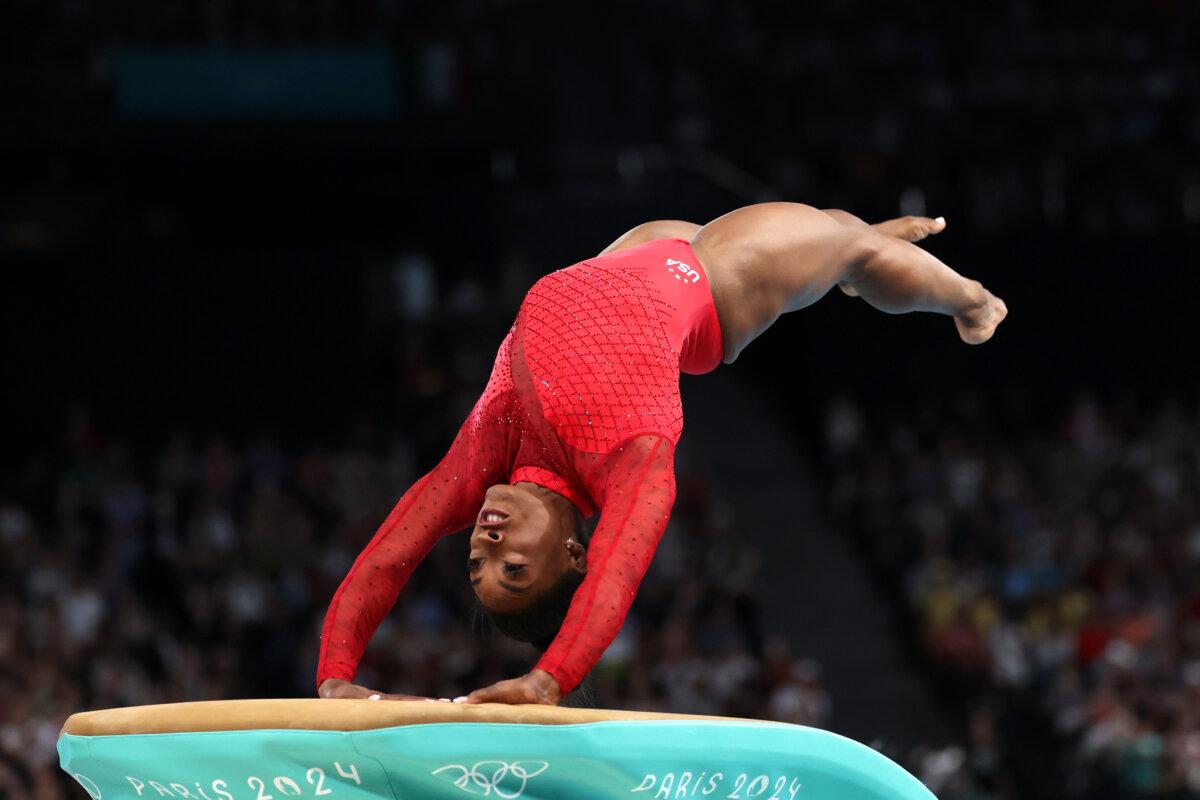 Simone Biles of Team United States competes during the Artistic Gymnastics Women's Vault Final on day eight of the Olympic Games Paris 2024 at Bercy Arena in Paris on August 3, 2024. (Julian Finney/Getty Images)