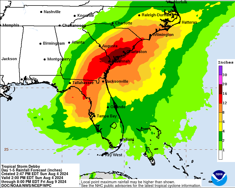 The National Hurricane Center's rainfall forecast for Tropical Storm Debby as of 5 p.m. EDT on Aug. 4, 2024 (National Hurricane Center/National Weather Service).