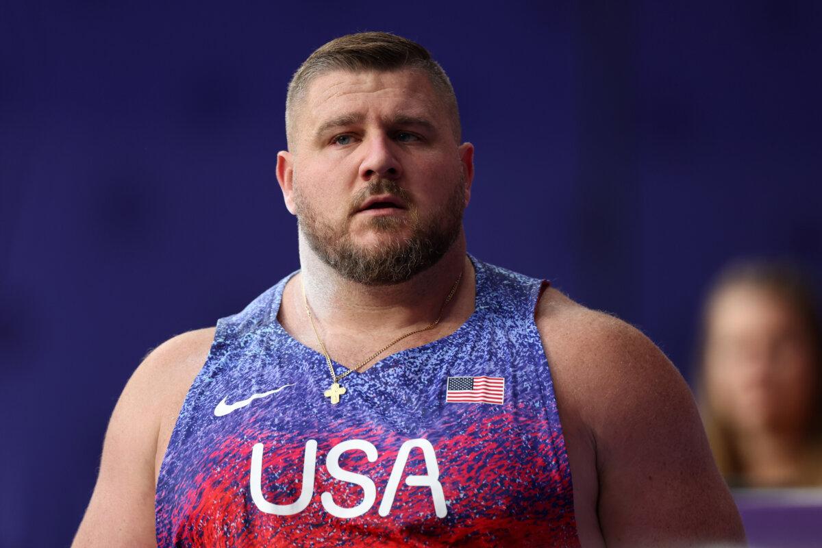 Payton Otterdahl of Team USA reacts during the men's shot put final at the Olympics in Paris on Aug. 3, 2024. (Steph Chambers/Getty Images)