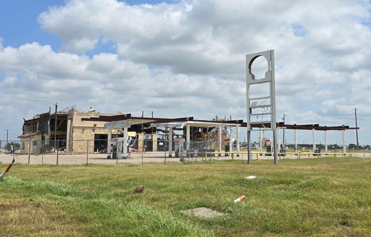 The Shell gas station off Interstate 35 in Valley View, Texas, was destroyed by a tornado on May 25, 2024. Photo taken on July 29, 2024. (Allan Stein/The Epoch Times)