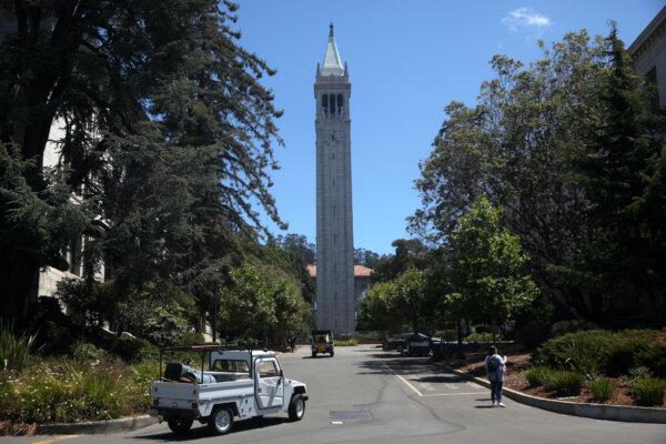 Maintenance vehicles drive near the Campanile on the U.C. Berkeley campus in Berkeley, Calif., on July 22, 2020. (Justin Sullivan/Getty Images)