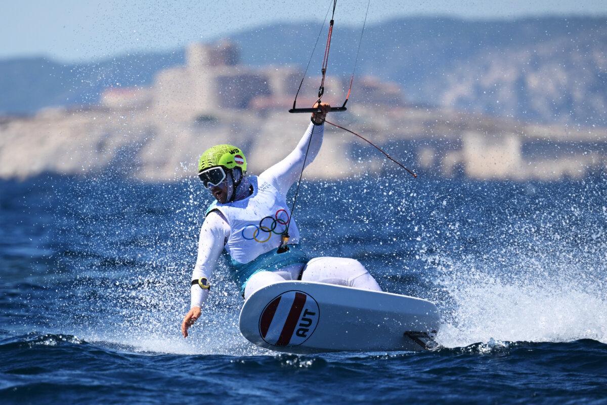 Valentin Bontus of Team Austria competes in the men's kite finals on day 14 of the Olympic Games at Marseille Marina in Marseille, France, on Aug. 9, 2024. Bontus claimed the gold medal in the event. (Clive Mason/Getty Images)