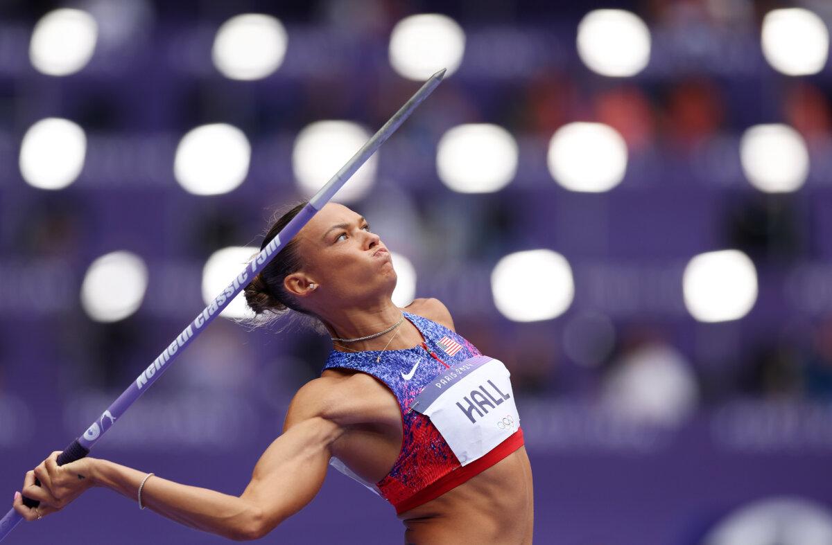 Anna Hall of Team United States competes in the women's heptathlon javelin throw on day 14 of the Olympic Games at Stade de France in Paris on Aug. 9, 2024. (Michael Steele/Getty Images)