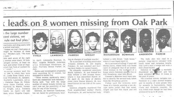 A 1987 newspaper clipping of cases of missing women from Oak Park possibly tied to Morris Solomon Jr. (Courtesy of Antonio Harvey)