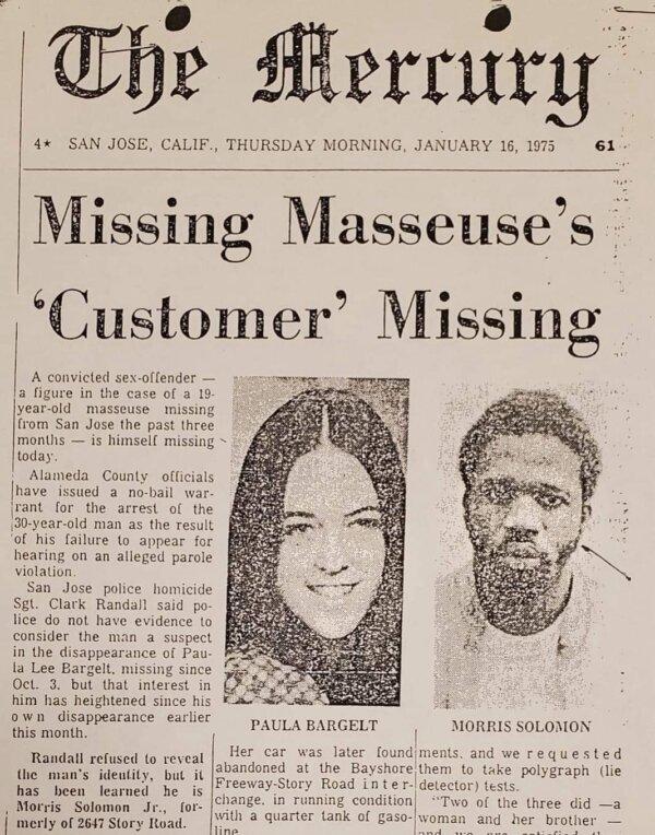 A 1975 newspaper clipping of Morris Solomon Jr.'s disappearance during an investigation of a young woman who went missing from San Jose after meeting him. (Courtesy of Antonio Harvey)