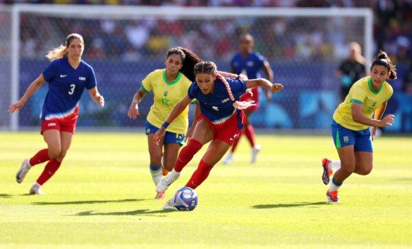 Trinity Rodman (5) of Team United States controls the ball during the Women's Gold Medal match between Brazil and United States of America during the 2024 Olympic Games in Paris on Aug. 10, 2024. (Robert Cianflone/Getty Images)