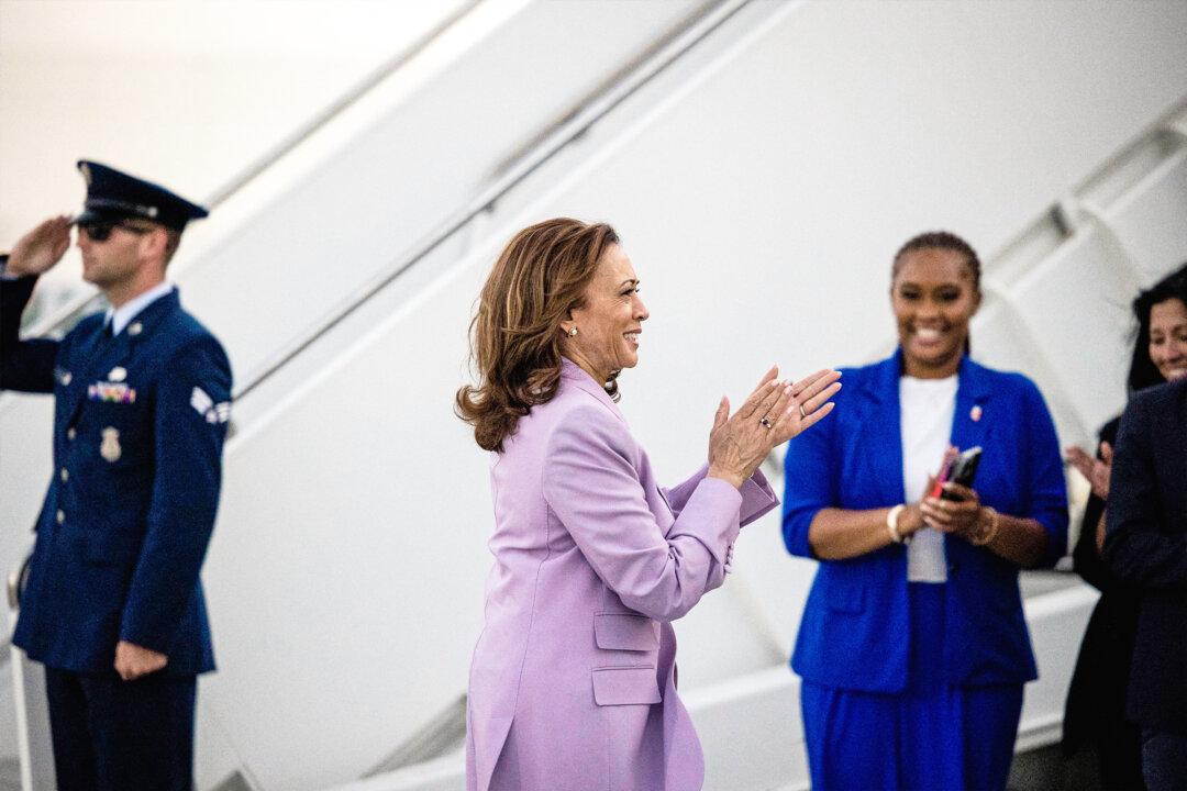 Democratic presidential candidate Vice President Kamala Harris walks to board Air Force Two at Harry Reid International Airport in Las Vegas on Aug. 10, 2024. (Ronda Churchill/AFP via Getty Images)