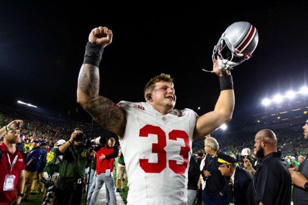 Ohio State defensive end Jack Sawyer celebrates a victory over Notre Dame in South Bend, Ind., on Sept. 23, 2023. (Michael Caterina/AP Photo)