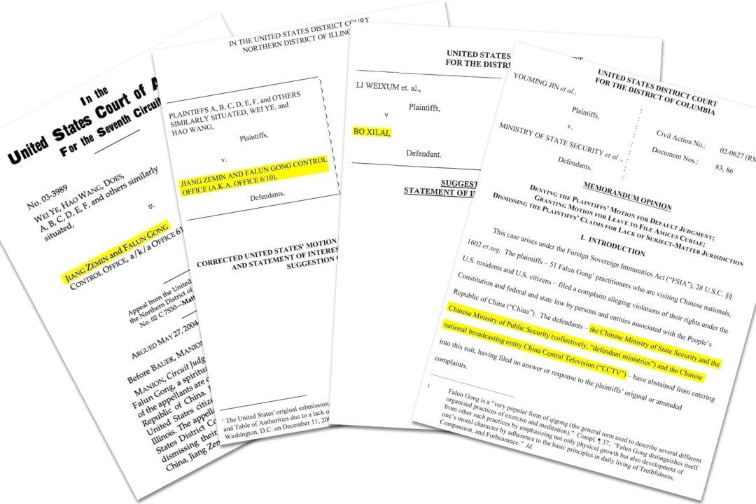 Court documents of lawsuits against Jiang Zemin and his associates related to the CCP's persecution campaign against Falun Gong. (U.S. District Court for the District of Columbia, U.S. District Court Northern District of Illinois, U.S. Court of Appeals for the Seventh Circuit)