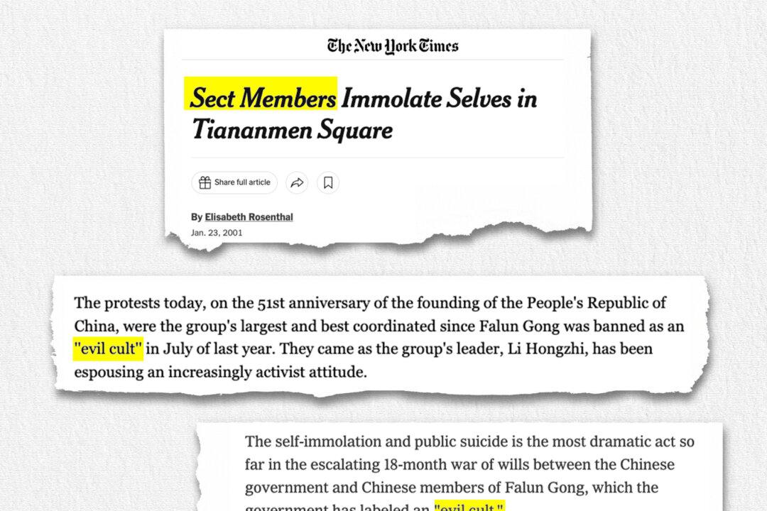 By 2001, the New York Times had run several dozen articles parroting CCP propaganda portraying Falun Gong as a “cult” or a “sect.” (Screenshots via The Epoch Times, New York Times)