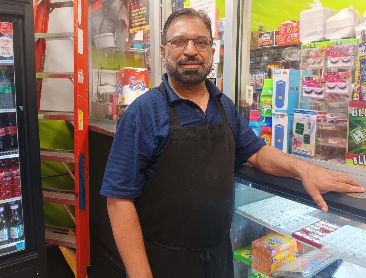 Mohammad Aslam, the owner of a bodega on Lake Street in Chicago on Aug. 16, 2024, ahead of the Democratic National Convention beginning blocks away in just days. (Nathan Worcester/The Epoch Times)