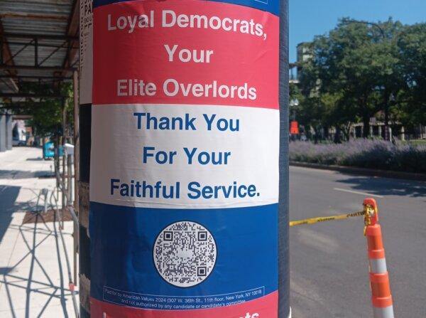 Anti-Democrat signage near Union Park in Chicago on Aug. 16, 2024, ahead of protests coinciding with the Democratic National Convention at the nearby United Center. (Nathan Worcester/The Epoch Times)