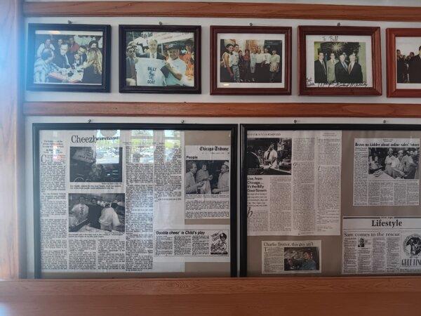 A wall in the Billy Goat Tavern near the United Center on Aug. 16, 2024, days ahead of the Democratic National Convention in Chicago. (Nathan Worcester/The Epoch Times)