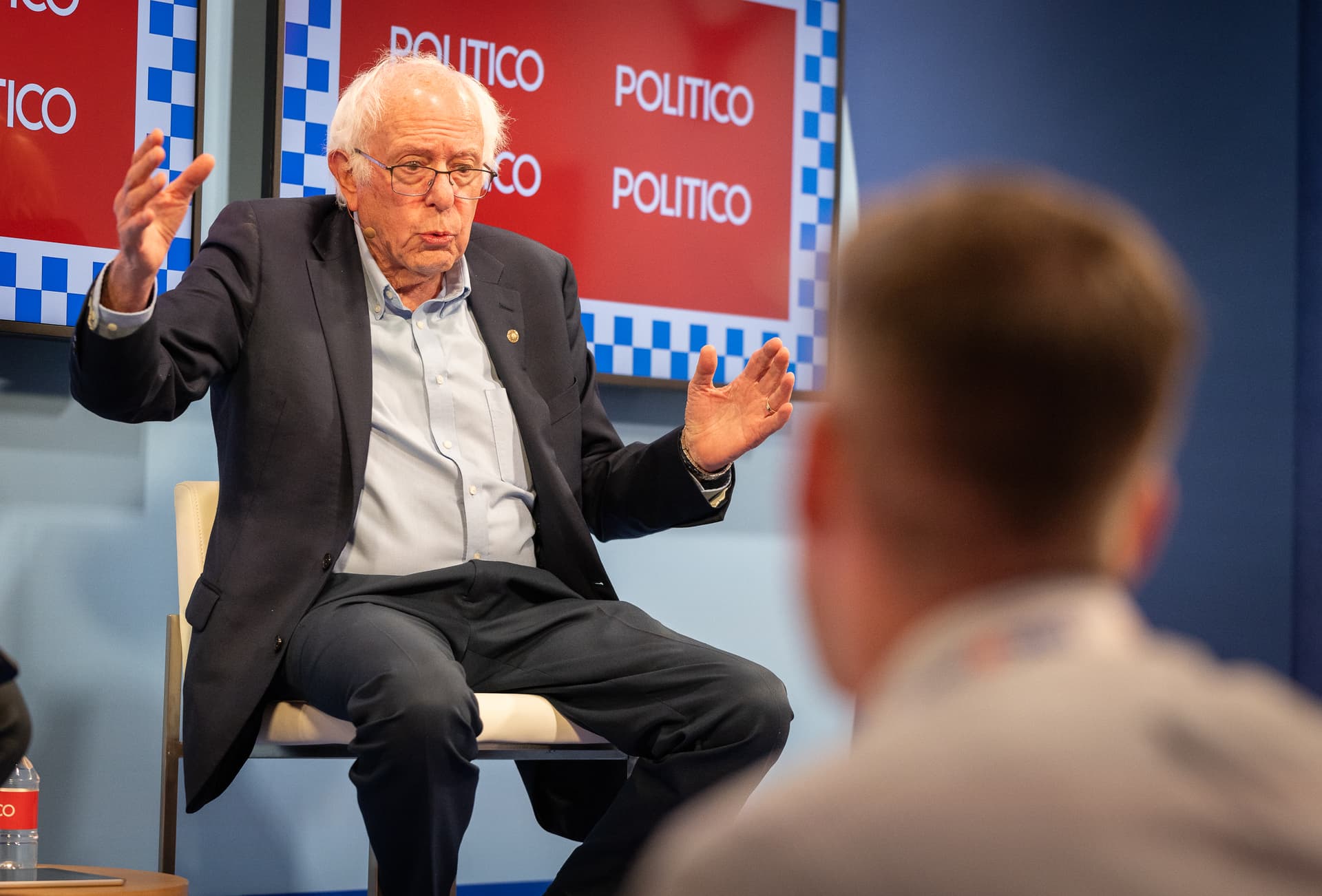 Sen. Bernie Sanders (I-Vt.) speaks at a 2024 Democratic National Convention venue in Chicago on Aug. 19, 2024. (John Fredricks/The Epoch Times)