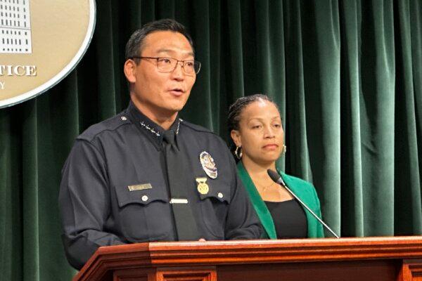 LAPD Chief Dominic Choi speaks at a news conference at the Hall of Justice in Los Angeles on Aug. 19, 2024. (Jill McLaughlin/The Epoch Times)