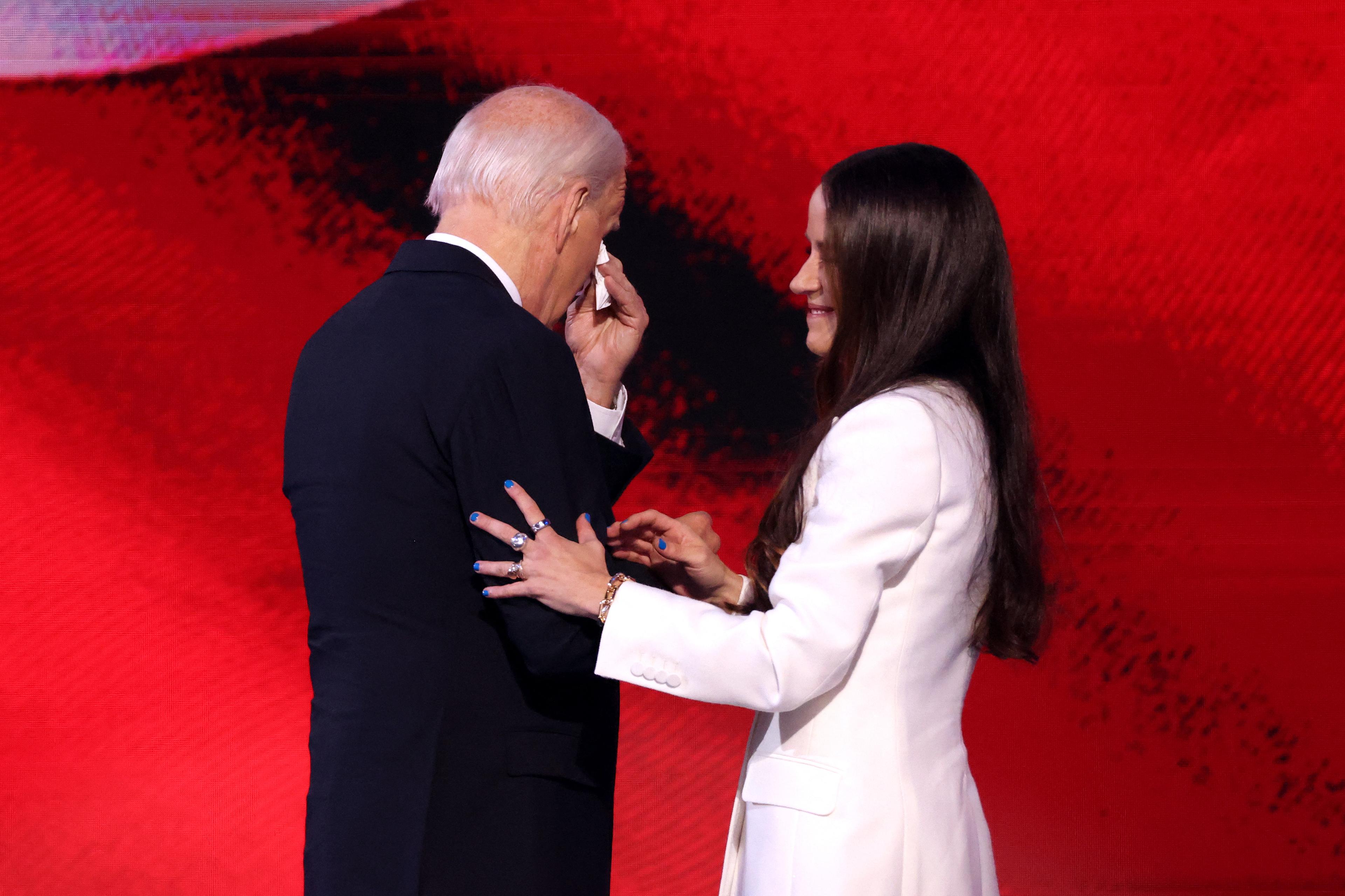 U.S. President Joe Biden gets emotional as he arrives on stage after his daughter Ashley Biden introduced him on the first day of the Democratic National Convention (DNC) at the United Center in Chicago, Ill., on Aug. 19, 2024. (Charly Triballeau/AFP via Getty Images)