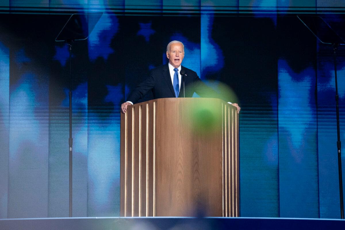 President Joe Biden speaks at the United Center on the first day of the Democratic National Convention in Chicago on Aug. 19, 2024. (Madalina Vasiliu/The Epoch Times)