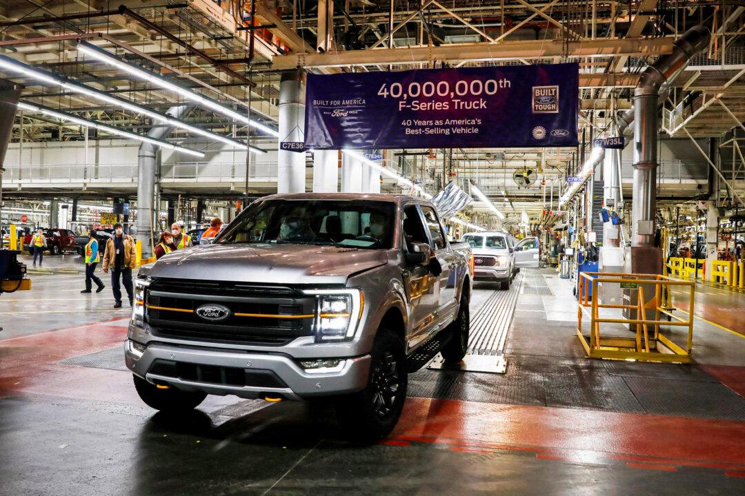 The 40-millionth Ford Motor Co. F-Series truck rolls off the assembly line at the Ford Dearborn Truck Plant in Dearborn, Mich., on Jan. 26, 2022. (Jeff Kowalsky/AFP via Getty Images)