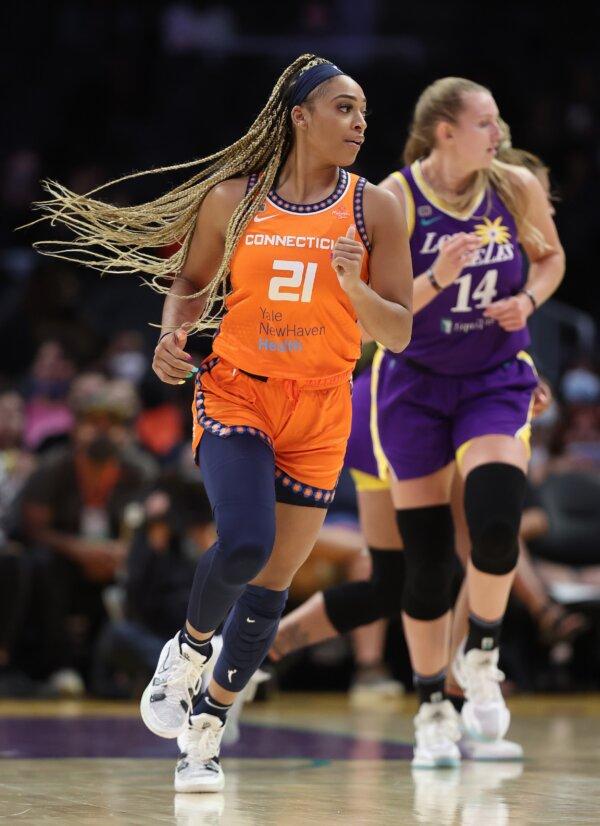 DiJonai Carrington (21) of the Connecticut Sun in Los Angeles on Sept. 9, 2021. (Ronald Martinez/Getty Images)