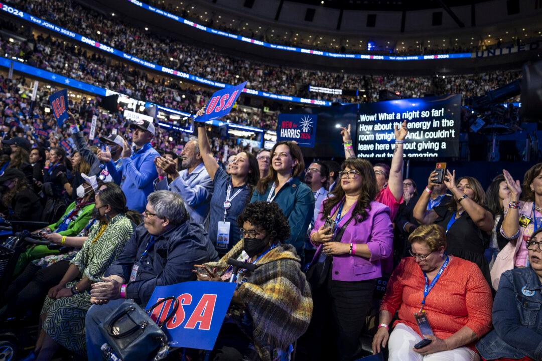 Democratic delegates at the Democratic National Convention in Chicago on Aug. 21, 2024. (Madalina Vasiliu/The Epoch Times)