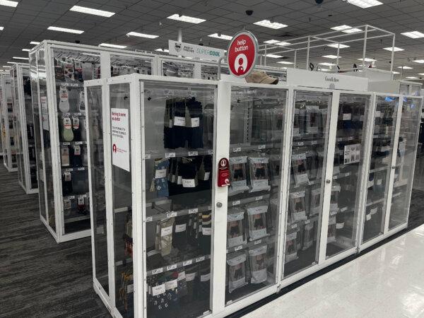 Socks and underwear locked behind glass doors in the Target store in Colma, Calif., on Aug. 20, 2024. (Dylan Morgan/The Epoch Times)