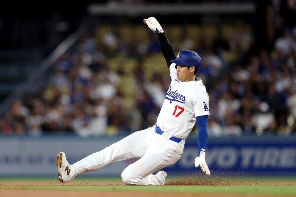 Shohei Ohtani (17) of the Los Angeles Dodgers steals second base during the fourth inning against the Tampa Bay Rays in Los Angeles on Aug. 23, 2024. (Katelyn Mulcahy/Getty Images)