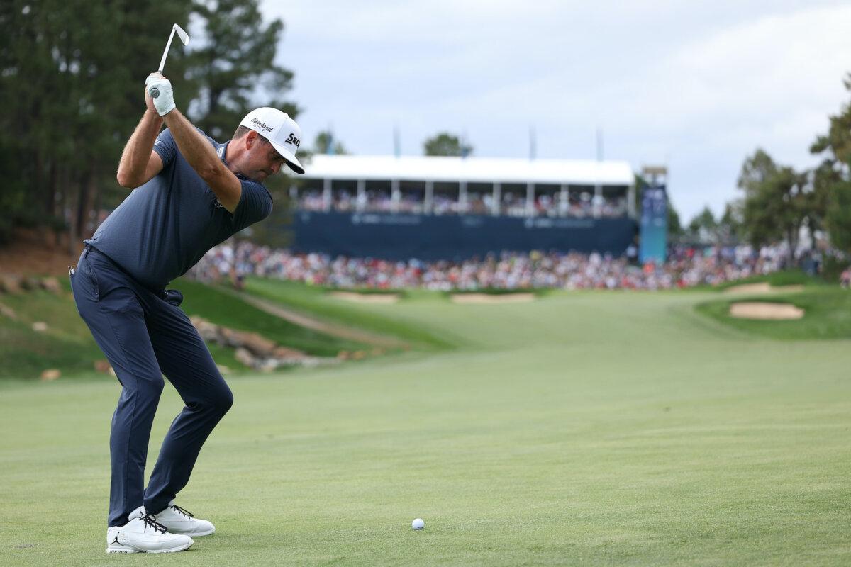 Keegan Bradley of the United States plays a shot on the 17th hole during the final round of the BMW Championship at Castle Pines Golf Club in Castle Rock, Colo., on Aug. 25, 2024. (Christian Petersen/Getty Images)