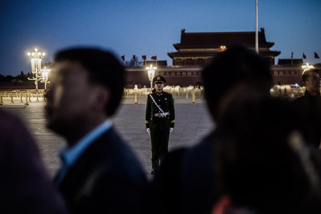 A paramilitary policeman stands on guard on Tiananmen Square in Beijing on March 15, 2019. Drug networks tied to Mexican cartels are supported by the Chinese regime. (Fred Dufour/AFP via Getty Images)