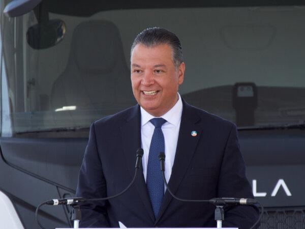 Sen. Alex Padilla (D-Calif.) speaks at a news conference celebrating the launch of a commercial hydrogen fueling station in Oakland, Calif., on Aug. 30, 2024. (Travis Gillmore/The Epoch Times)